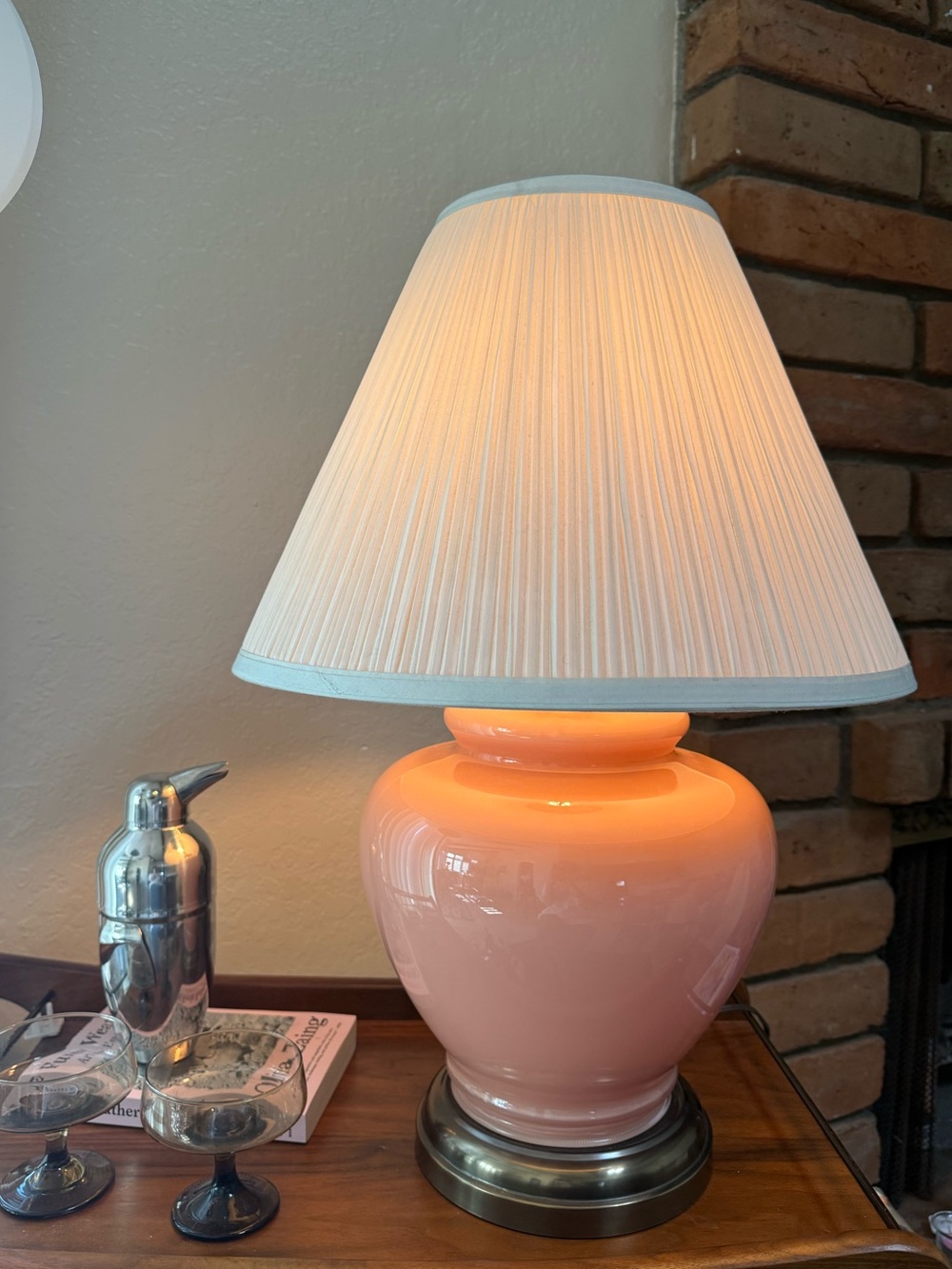 Vintage Pink Glass Ginger Jar Table Lamp & Pleated Shade - 1980s Postmodern MCM
